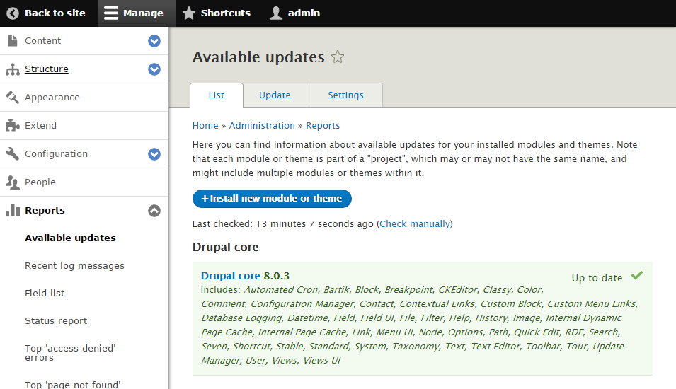 Drupal Updates Screen